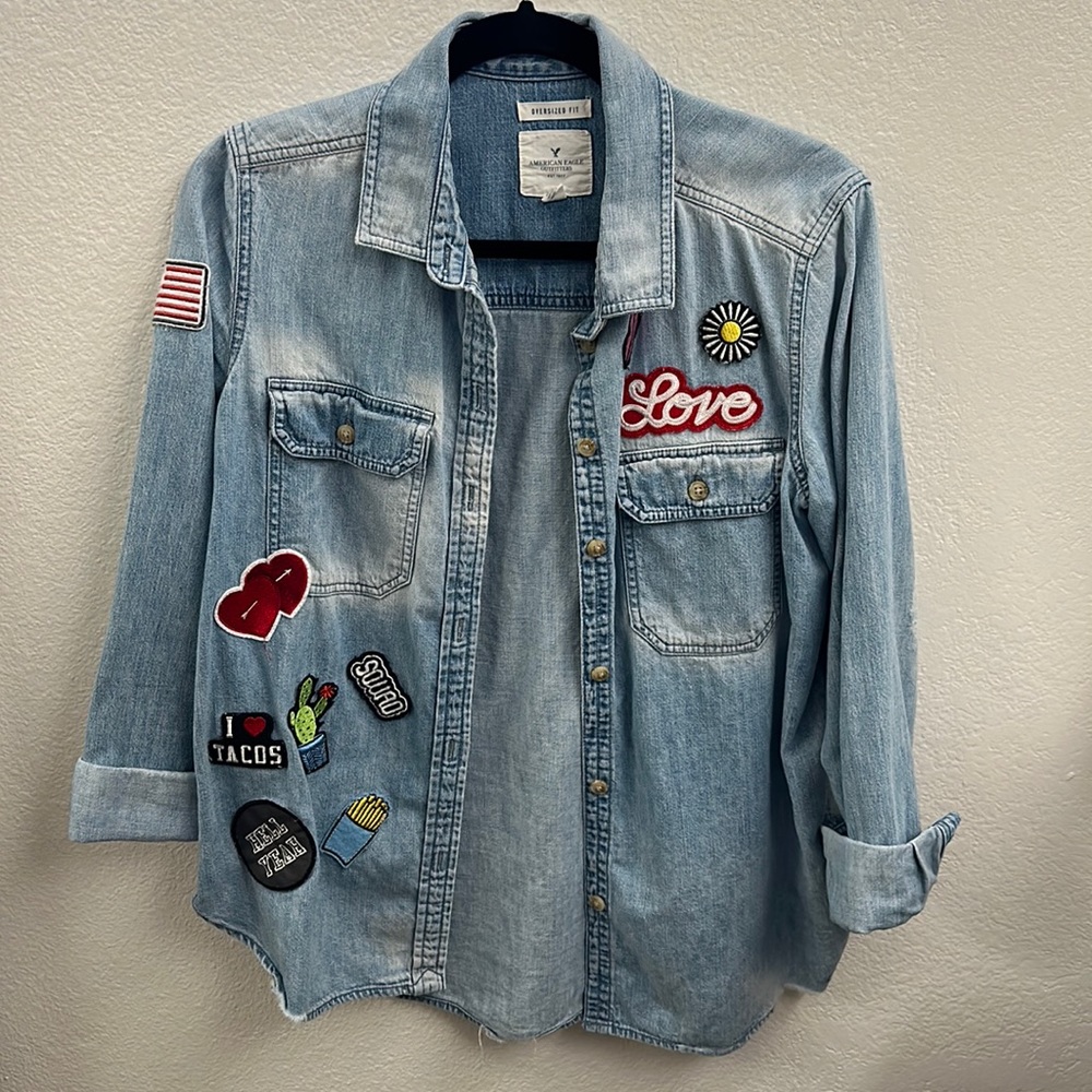 American Eagle distressed patch denim shirt